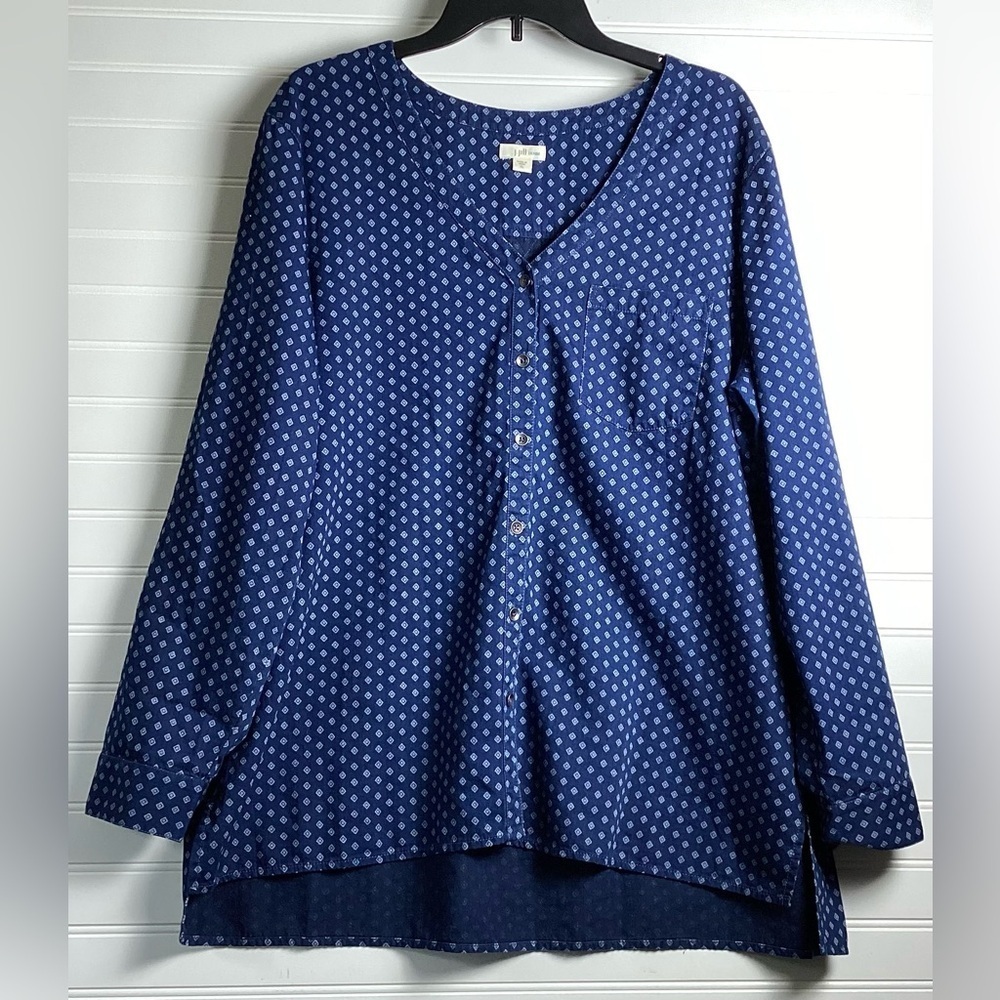J. Jill Denim Women's Chambray Diamond Print V-Neck Button Front Top Size XL